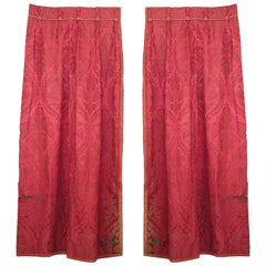 Antique Pairs of English Victorian Style Rose Damask Knotted Cord Drapes