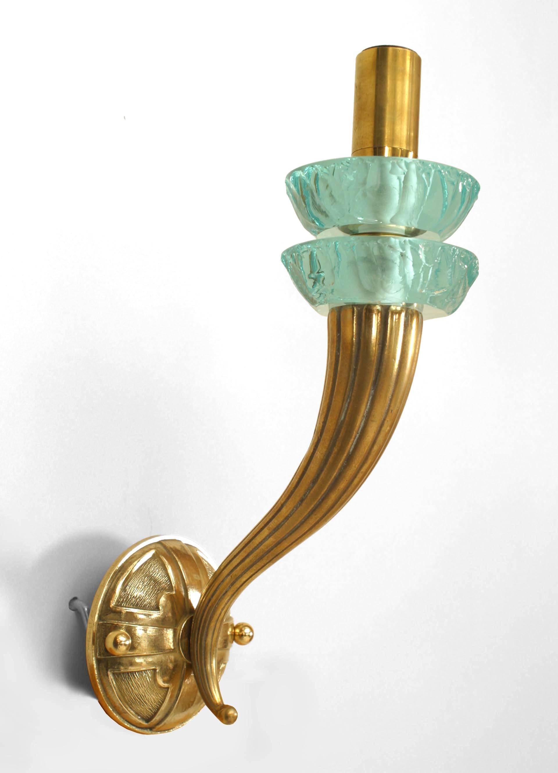 Pair of French Art Deco brass single arm wall sconce with a fluted cornucopia form and round backplate supporting 2 turquoise rough cut round glass bobeches (PRICED AS Pair)
