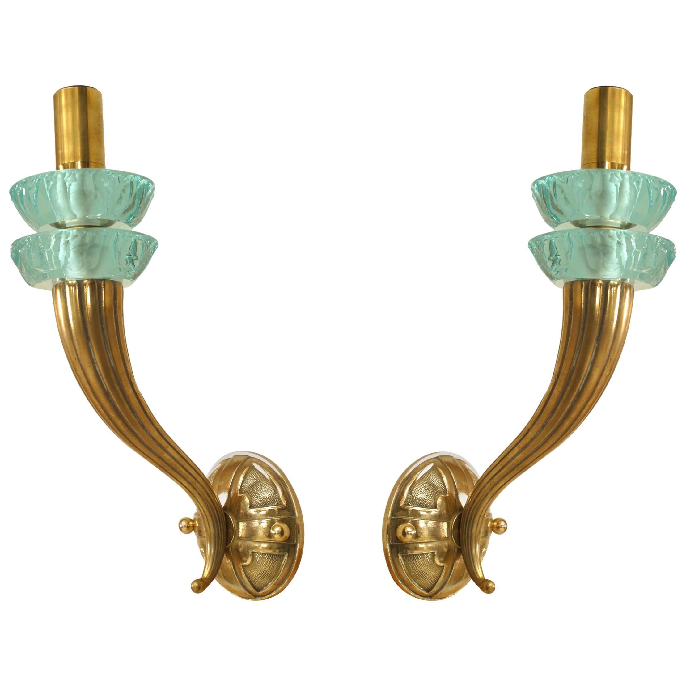 Pair of French Art Deco Brass and Turquoise Wall Sconces
