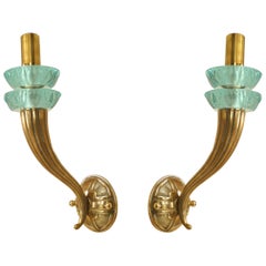 Pair of French Art Deco Brass and Turquoise Wall Sconces