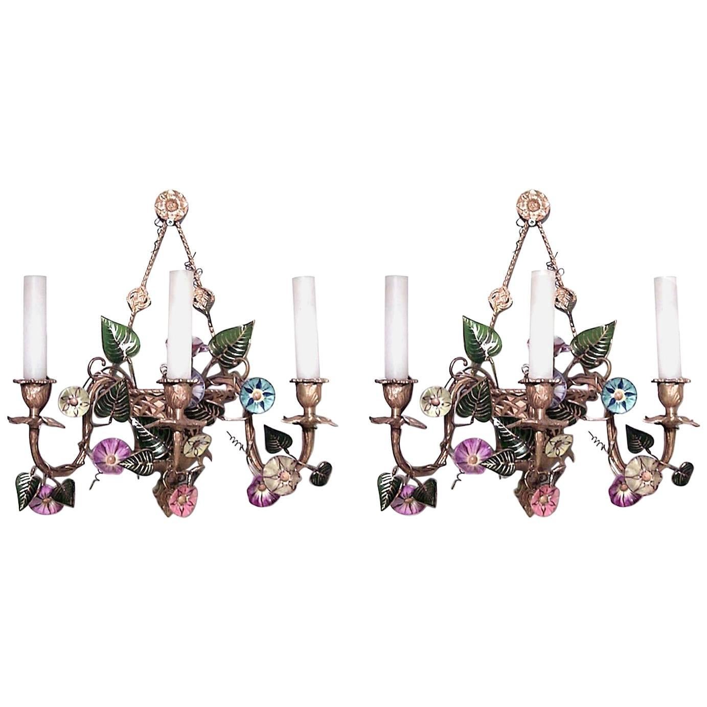 6 French Louis XVI Style Bronze Dore and Opaline Floral Wall Sconces