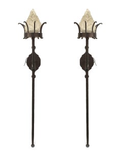 4 Italian Renaissance Style Wrought Iron and Glass Torch Wall Sconces
