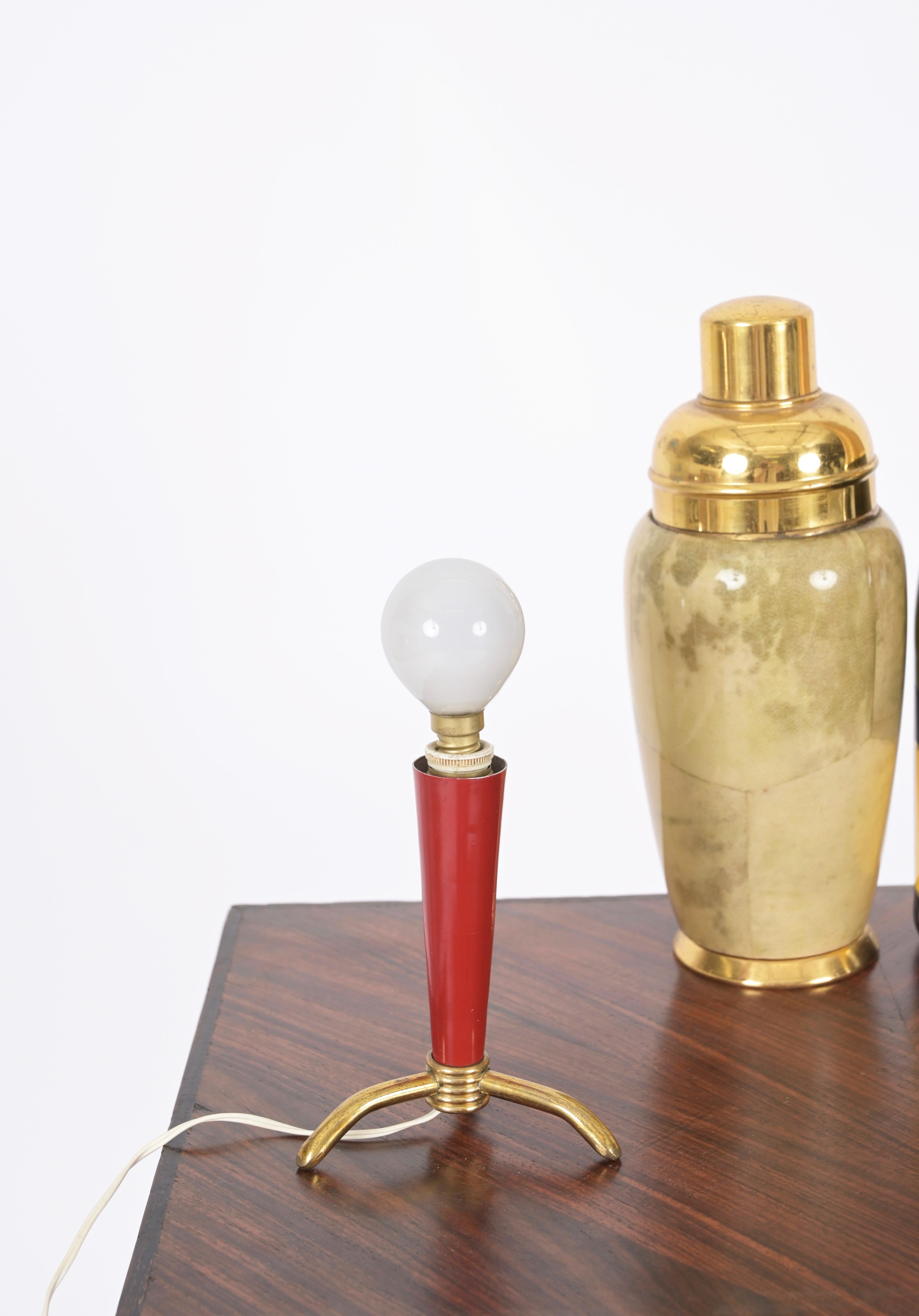 Mid-Century Modern Pairs of Italian Table Lamps in Brass, Red and Ivory Metal, Stilnovo, 1950s For Sale
