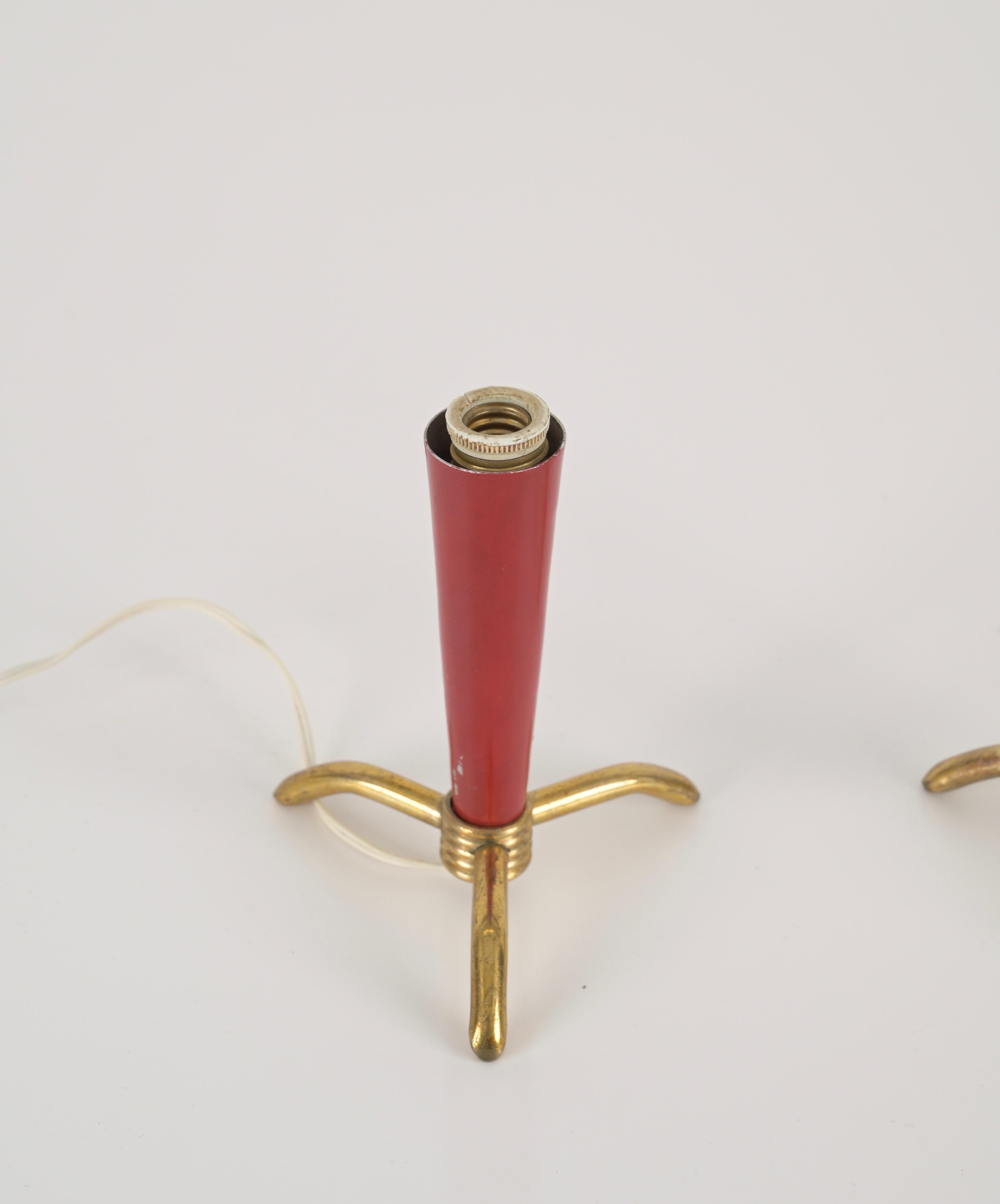 Pairs of Italian Table Lamps in Brass, Red and Ivory Metal, Stilnovo, 1950s For Sale 3