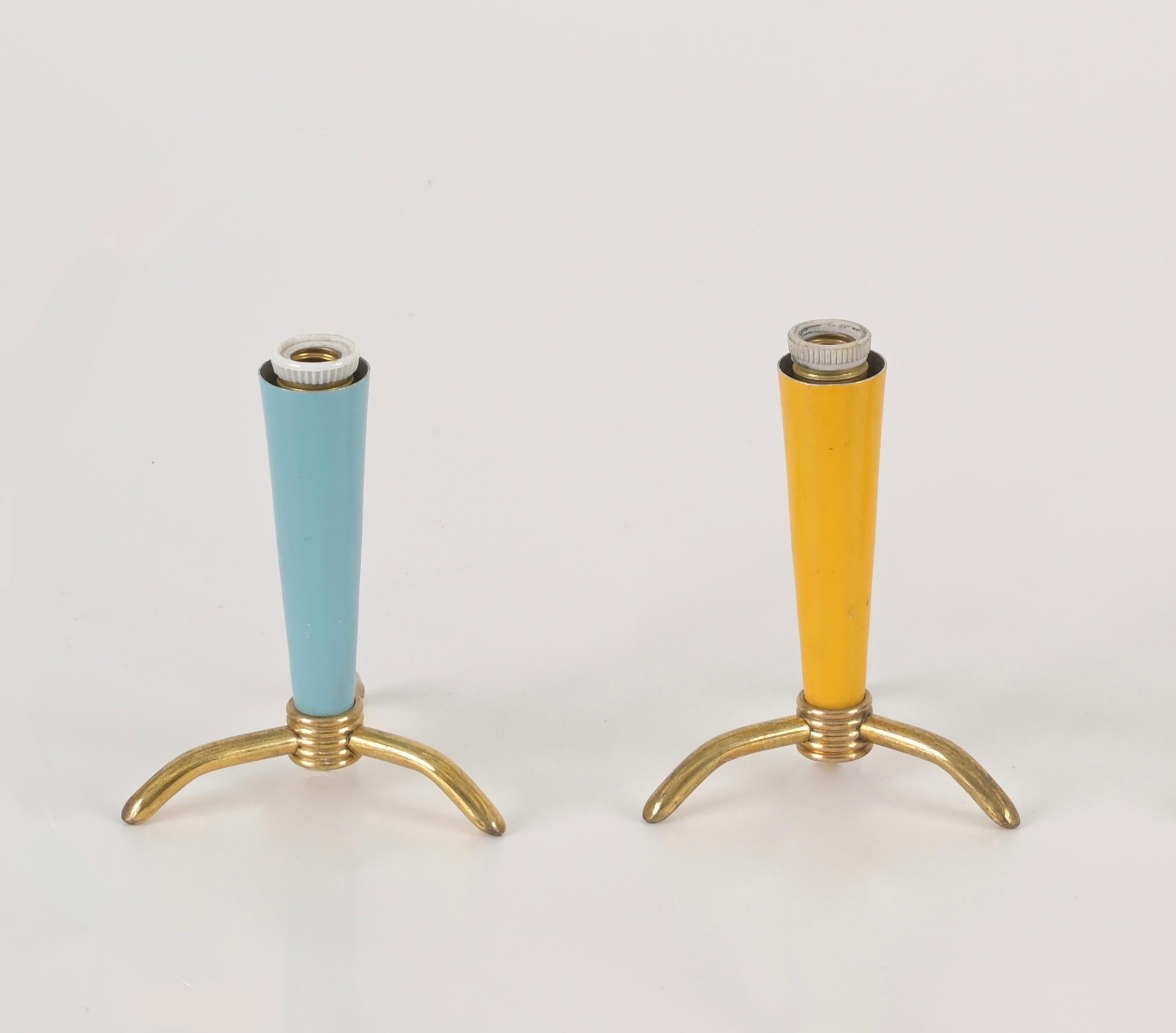 Enameled Pairs of Italian Table Lamps in Brass, Yellow and Tiffany Metal, Stilnovo, 1950s For Sale
