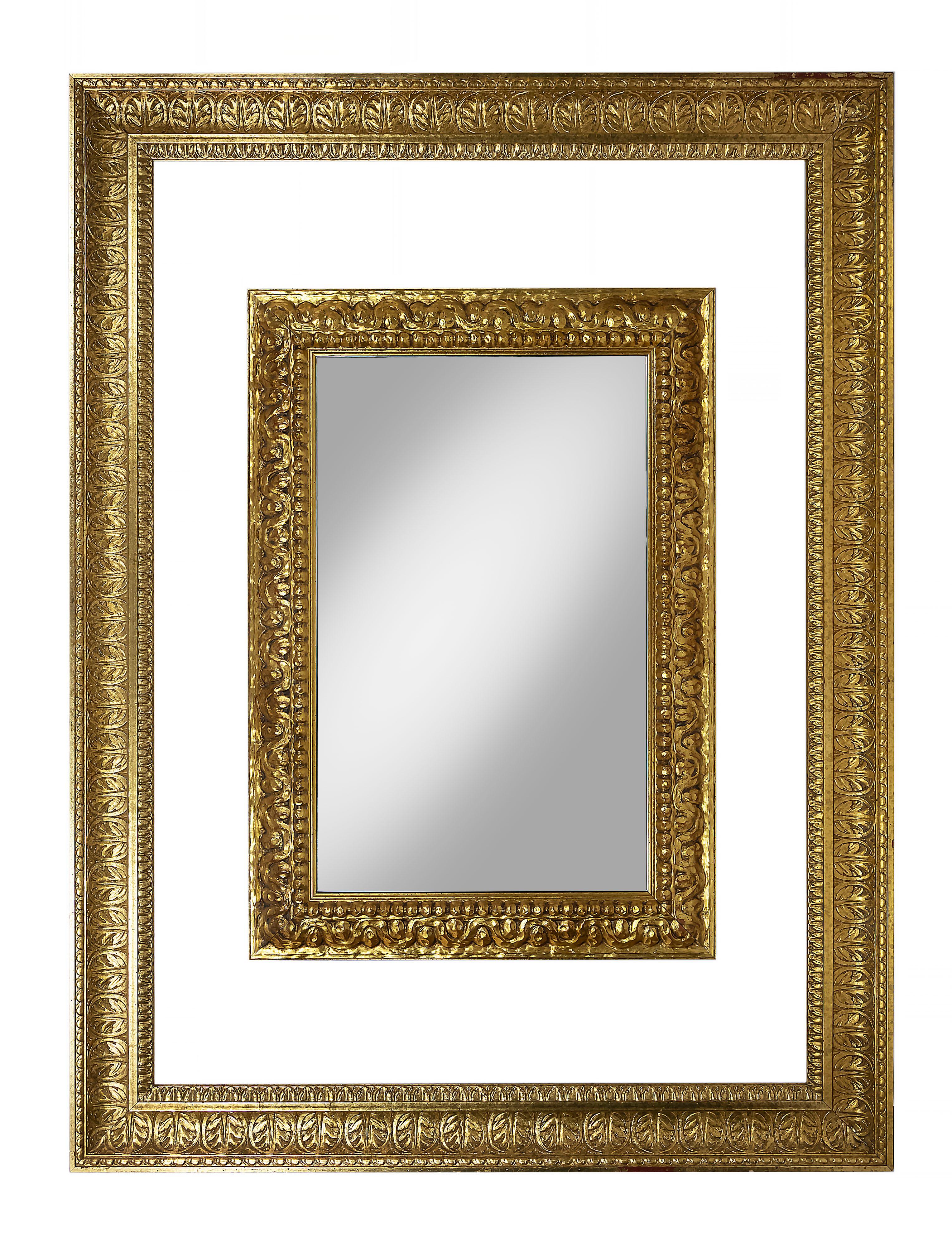Pair of large classical style hand-carved gilt wood wall mirrors.
The construction is made of outside wooden frame and small frame with mirror attached to the clear plastic board. 
Very good vintage condition.






