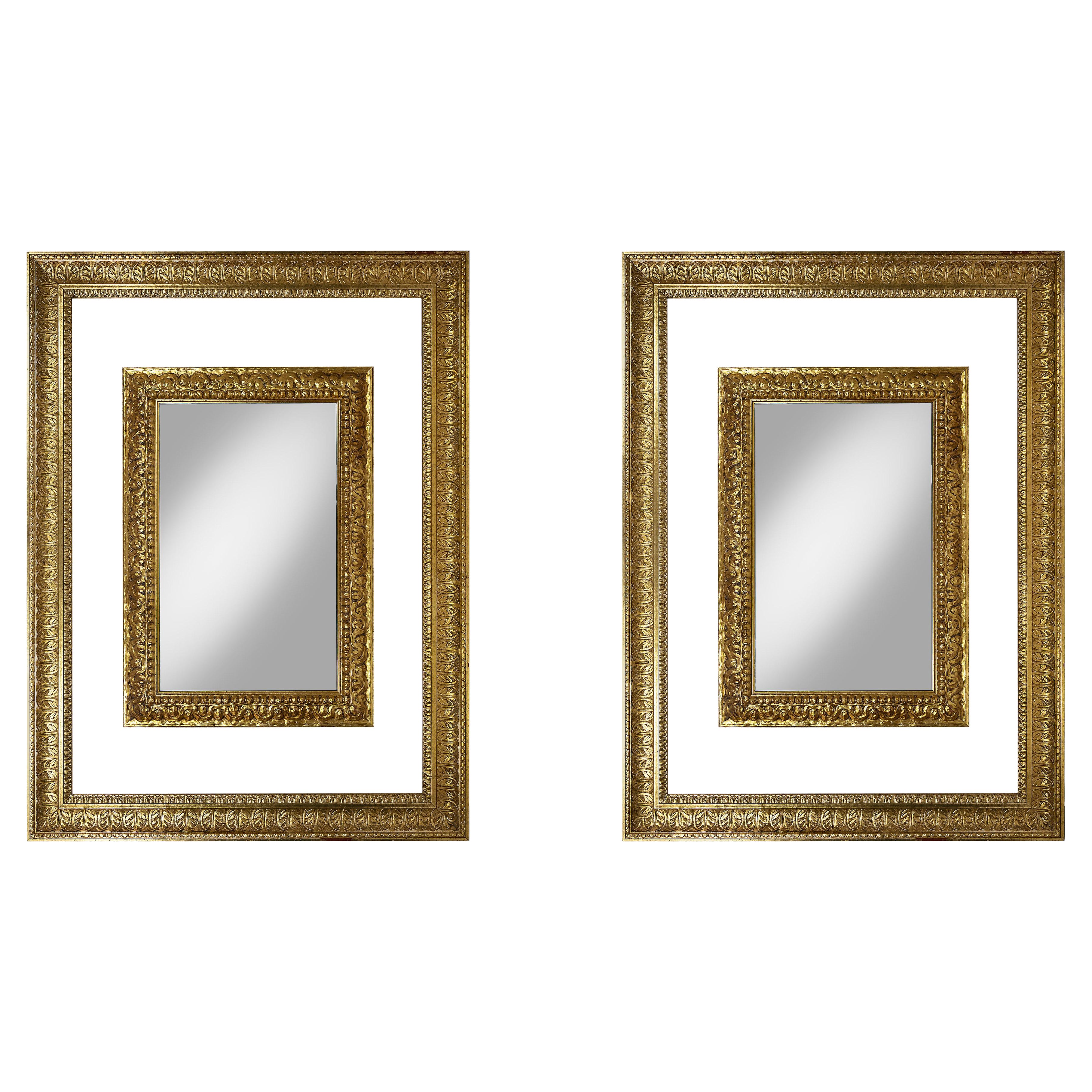 Pair of Large Italian Hand-Carved Gilt Wood Wall Mirrors
