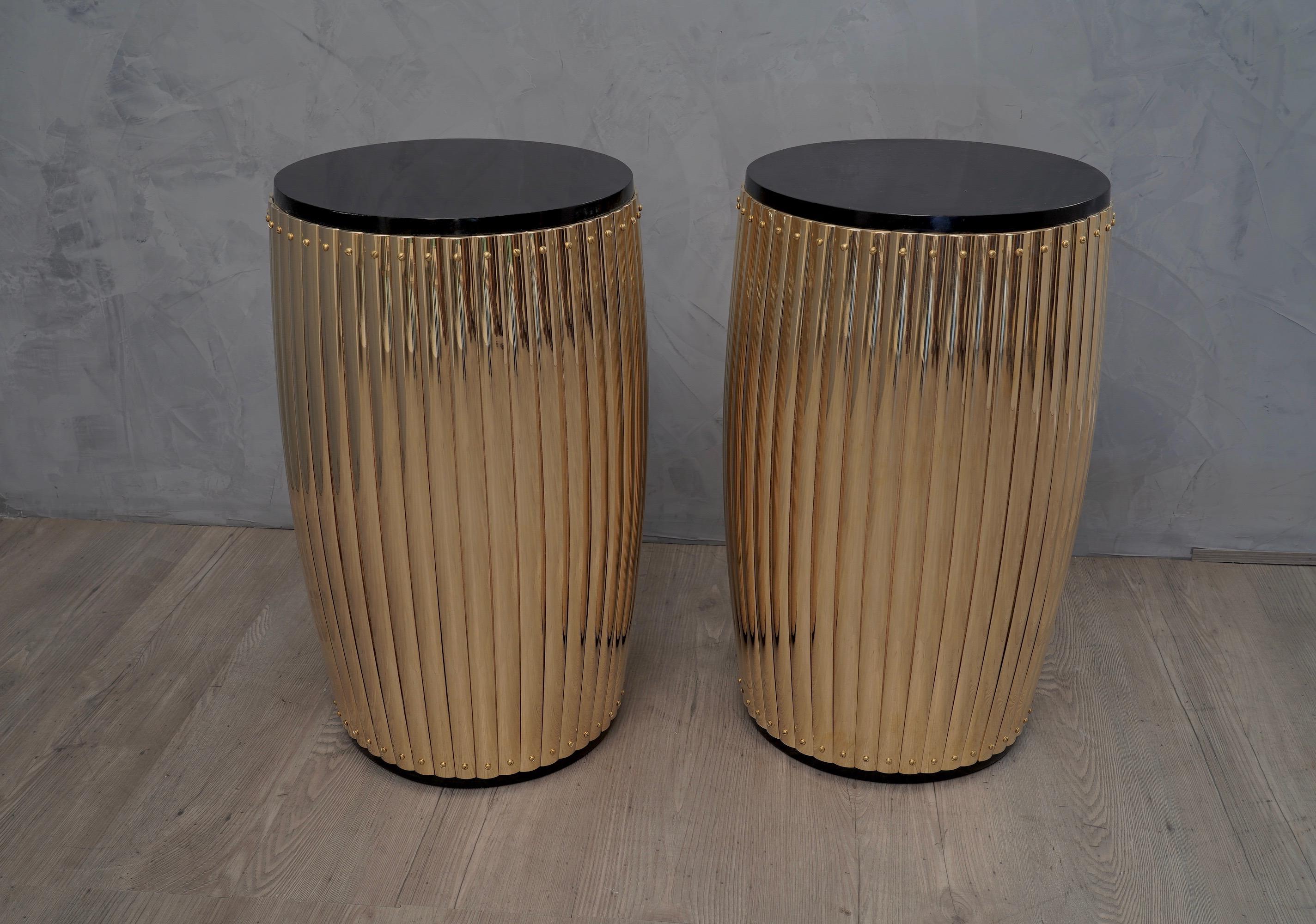 Midcentury Brass on Wood Side Tables, 1960 In Good Condition In Rome, IT