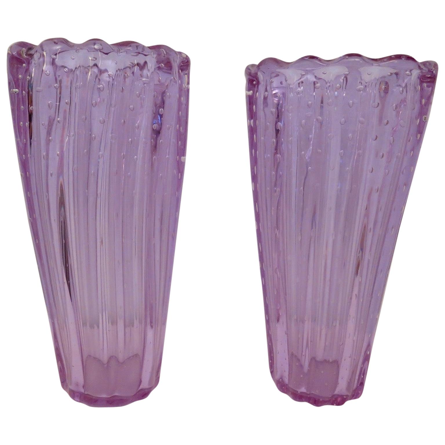 Pairs of Murano Midcentury Violet Art Glass Italian Vases, 1950