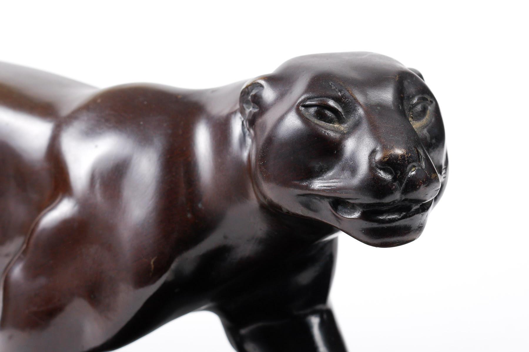 Art Deco Pairs of Panthers in Patinated Bronze by Lucien Alliot.
