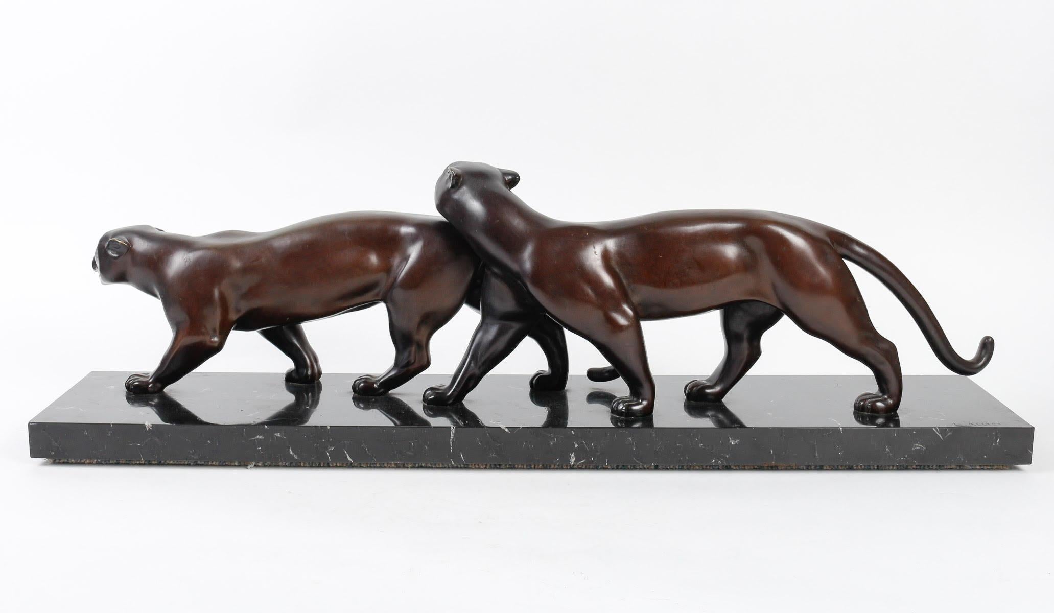 Pairs of Panthers in Patinated Bronze by Lucien Alliot. In Good Condition In Saint-Ouen, FR