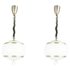 Pairs of Up and Down Pendant Lamps in White Perspex and Satin Aluminum by Stilux