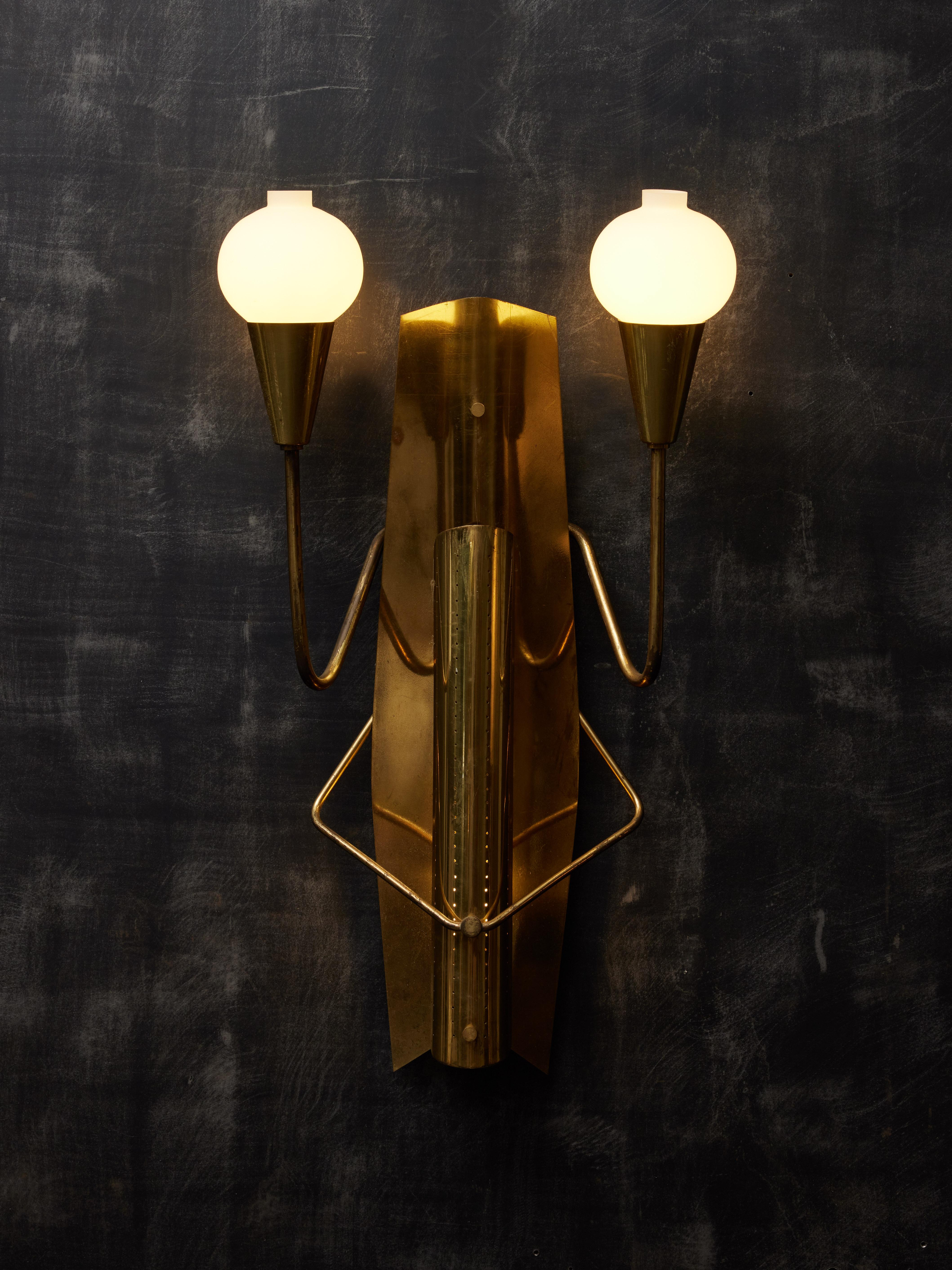 Scandinavian Modern Pairs of Vintage Norwegian Brass and Glass Wall Sconces For Sale