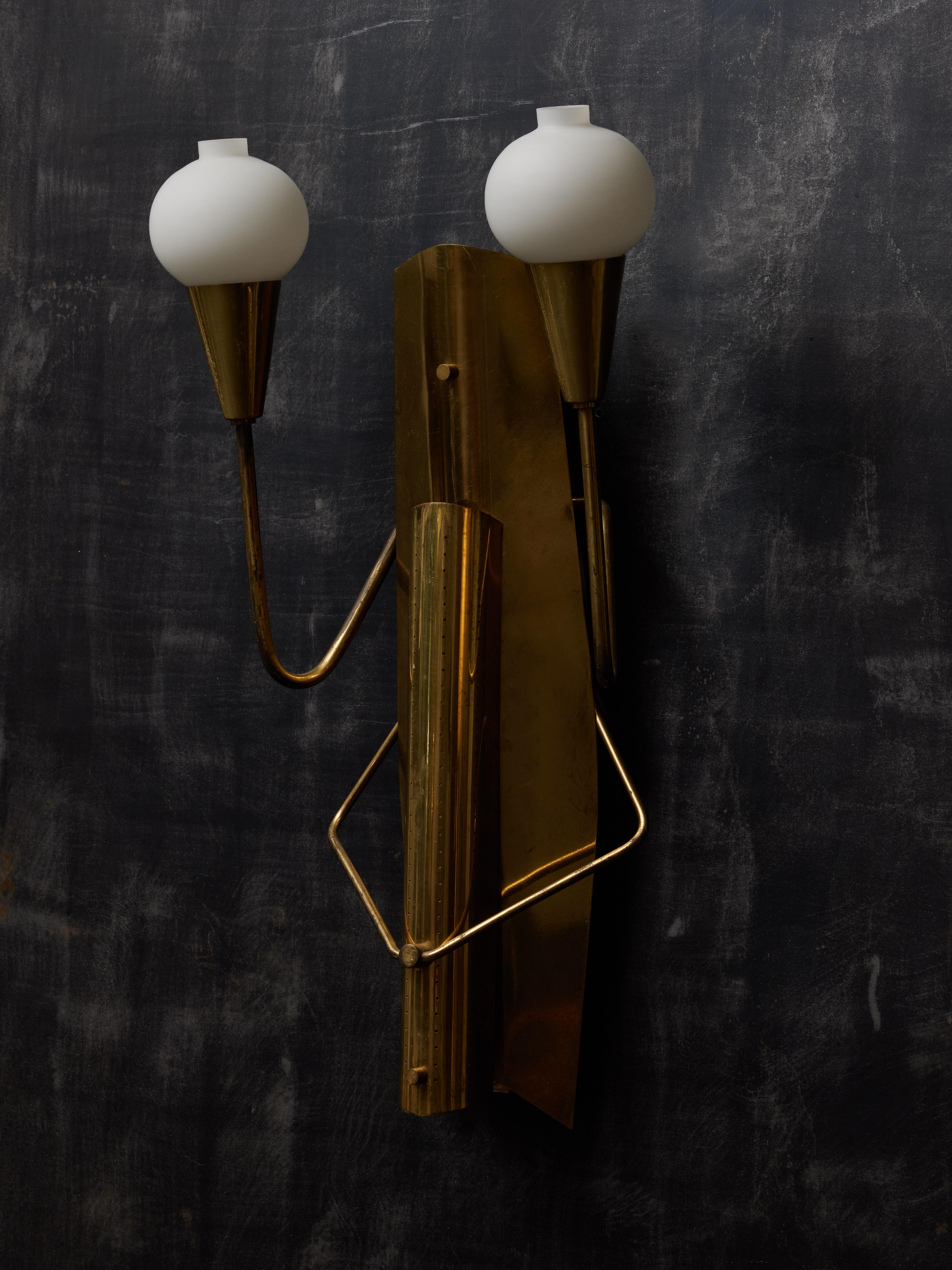 Mid-20th Century Pairs of Vintage Norwegian Brass and Glass Wall Sconces For Sale