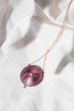 Vintage Circa 1930s Purple Guilloché Locket Pendant 15ct Gold & Sterling Silver