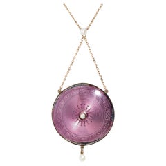 Vintage Circa 1930s Purple Guilloché Locket Pendant 15ct Gold & Sterling Silver