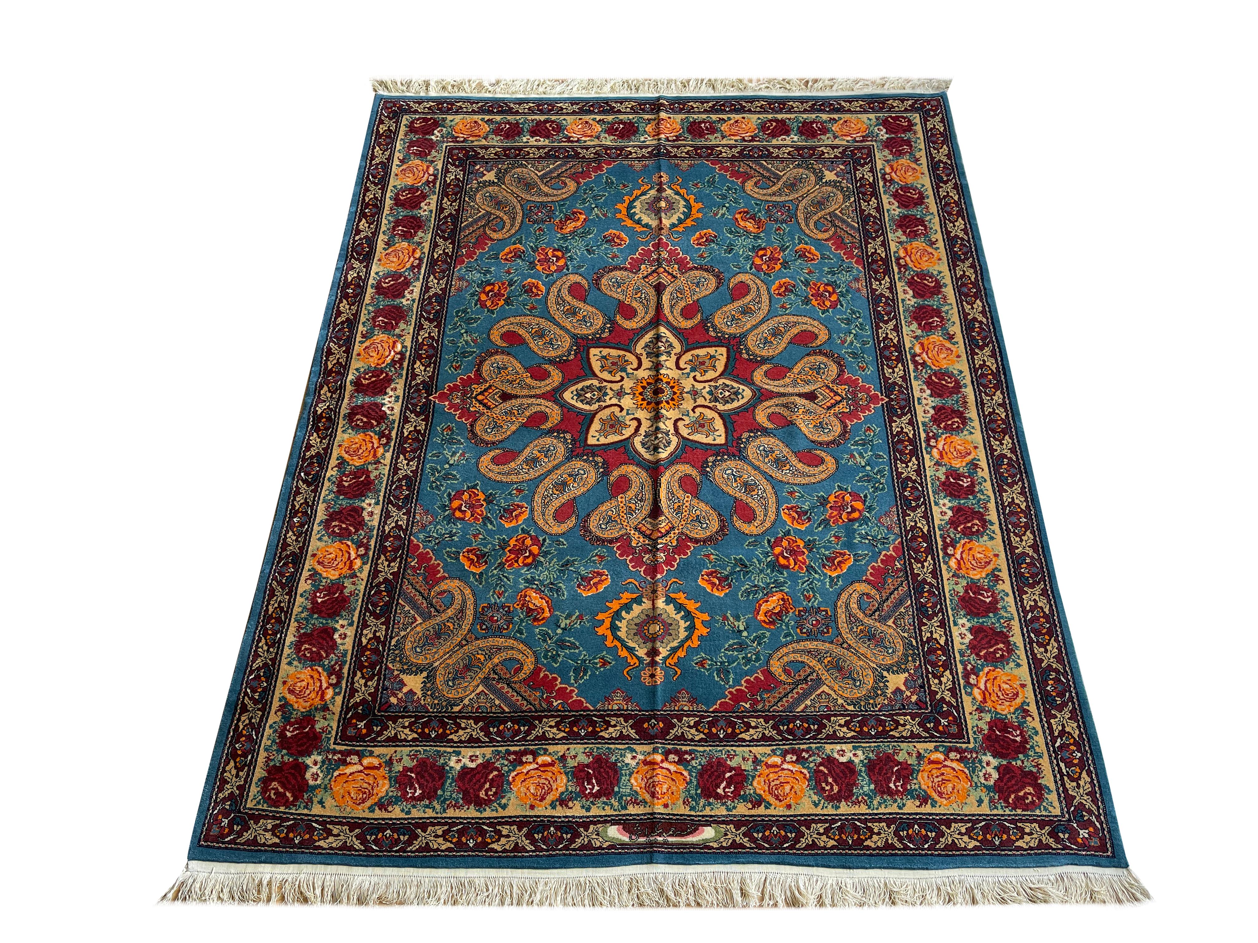 Exklusiver Wohnzimmerteppich, Paisley Blauer Teppich, Handgefertigter Teppich aus Seide & Wolle  (Irakisch) im Angebot