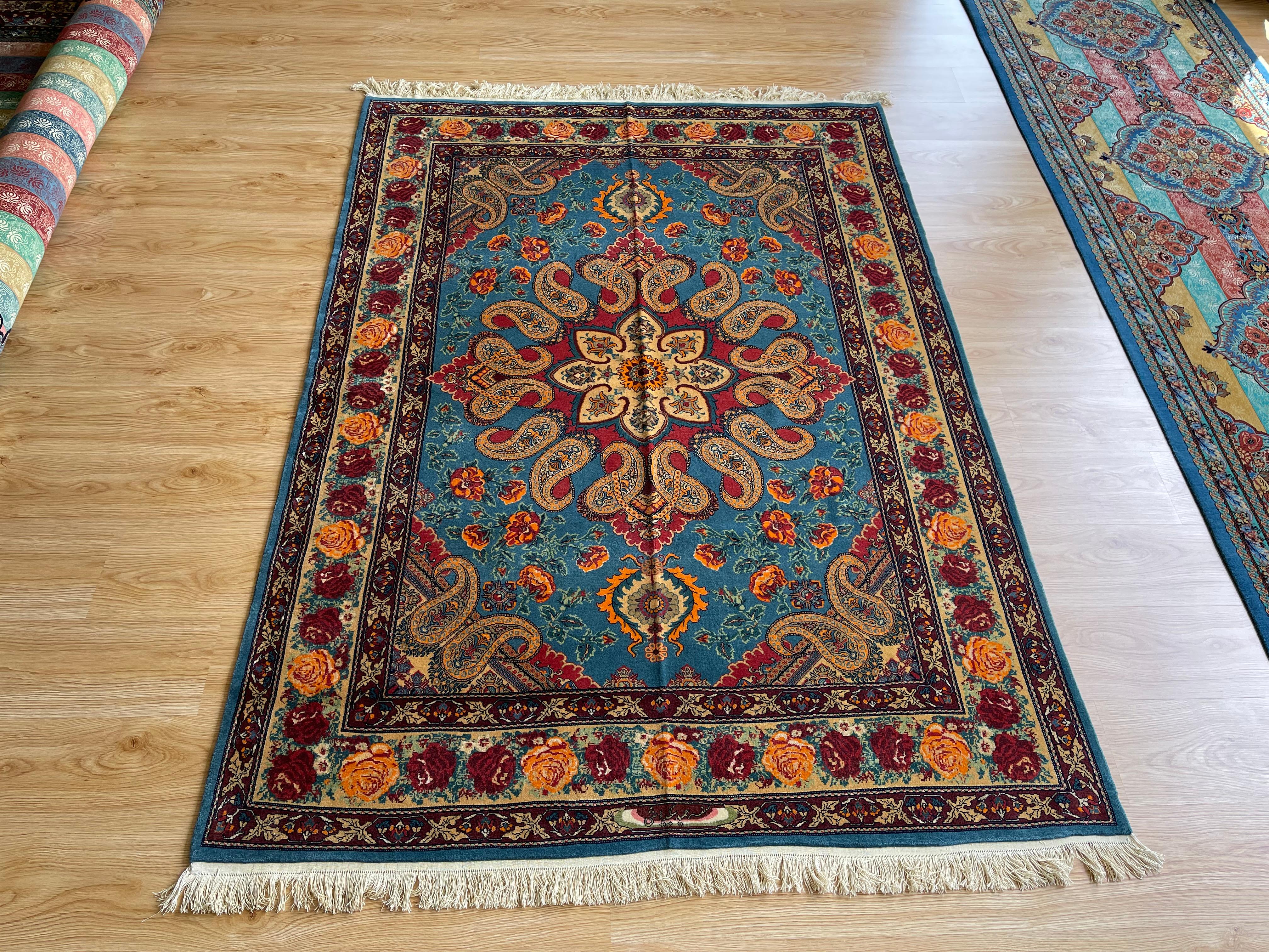 Iraqi Exclusive Livingroom Rug, Paisley Blue Rug, Silk & Wool Handmade Carpet  For Sale