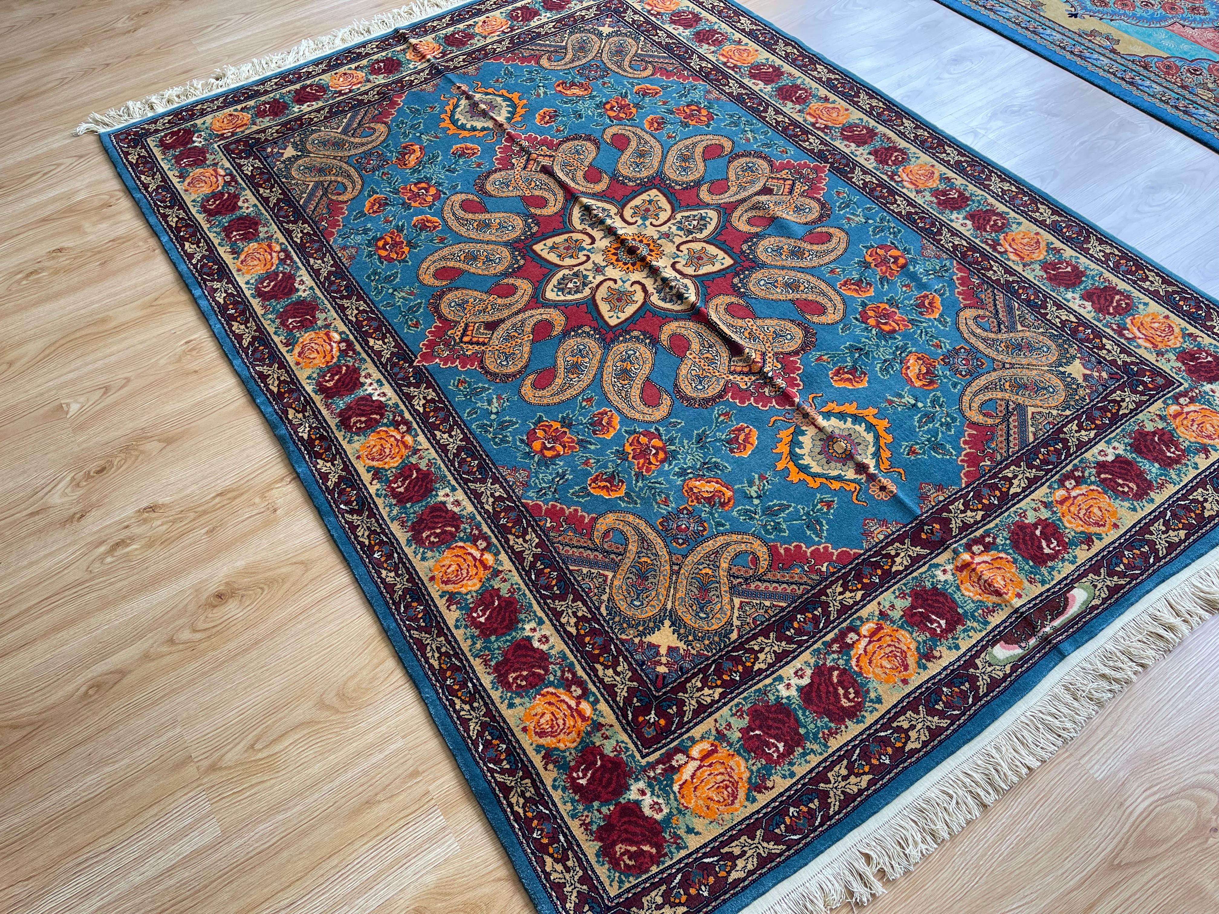 Woven Exclusive Livingroom Rug, Paisley Blue Rug, Silk & Wool Handmade Carpet  For Sale