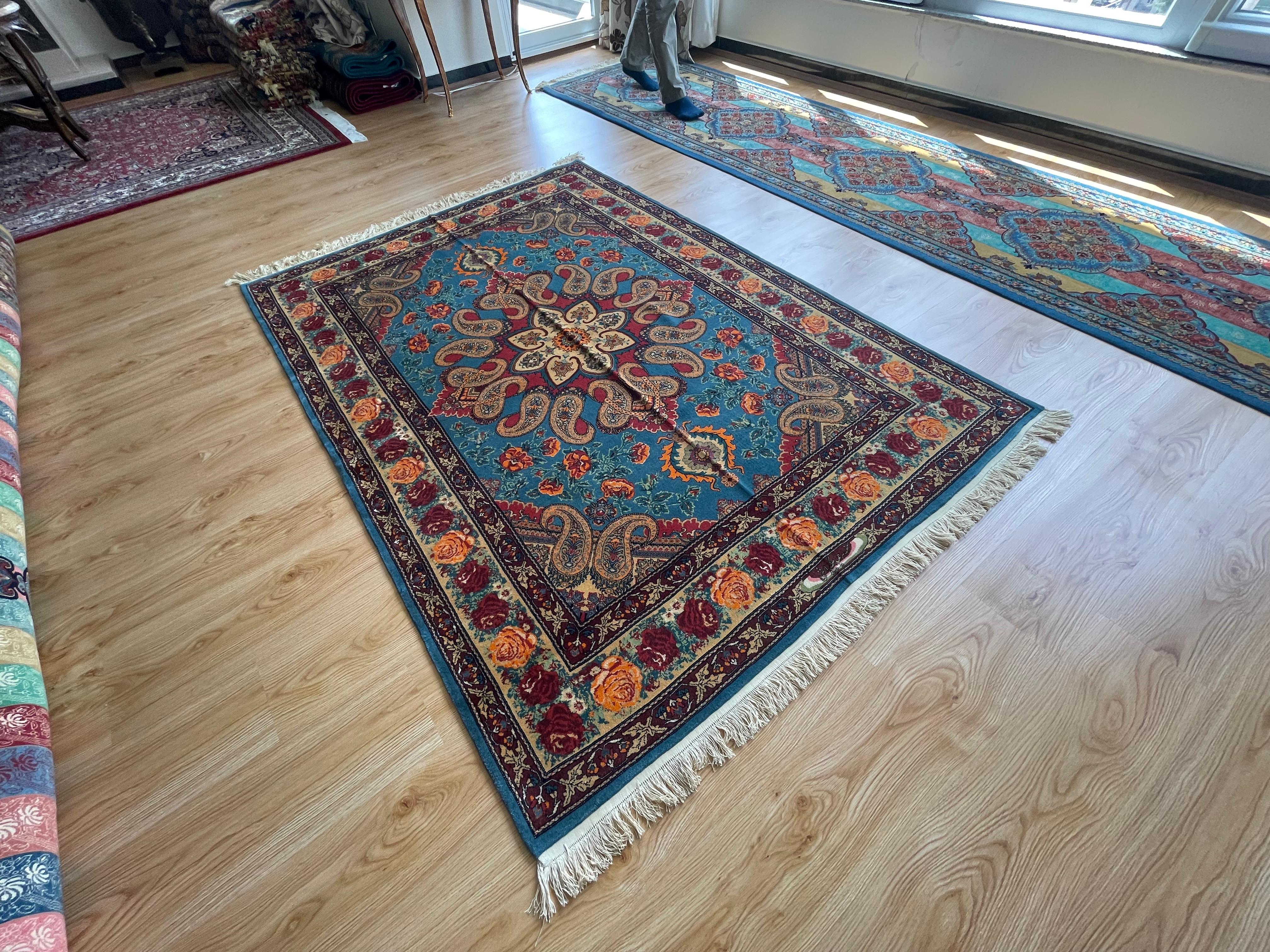 Exclusive Livingroom Rug, Paisley Blue Rug, Silk & Wool Handmade Carpet  In Excellent Condition For Sale In Hampshire, GB