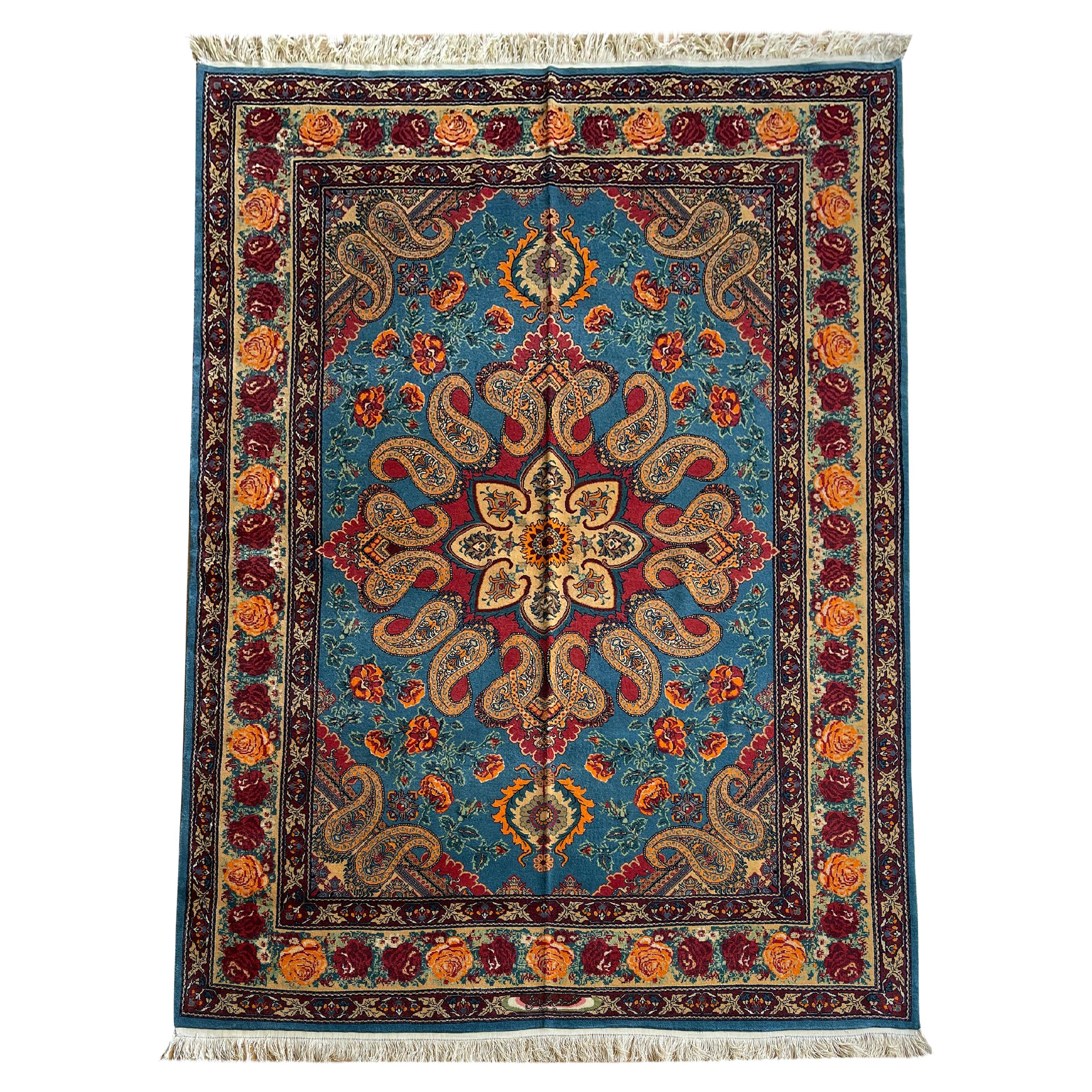 Exclusive Livingroom Rug, Paisley Blue Rug, Silk & Wool Handmade Carpet 