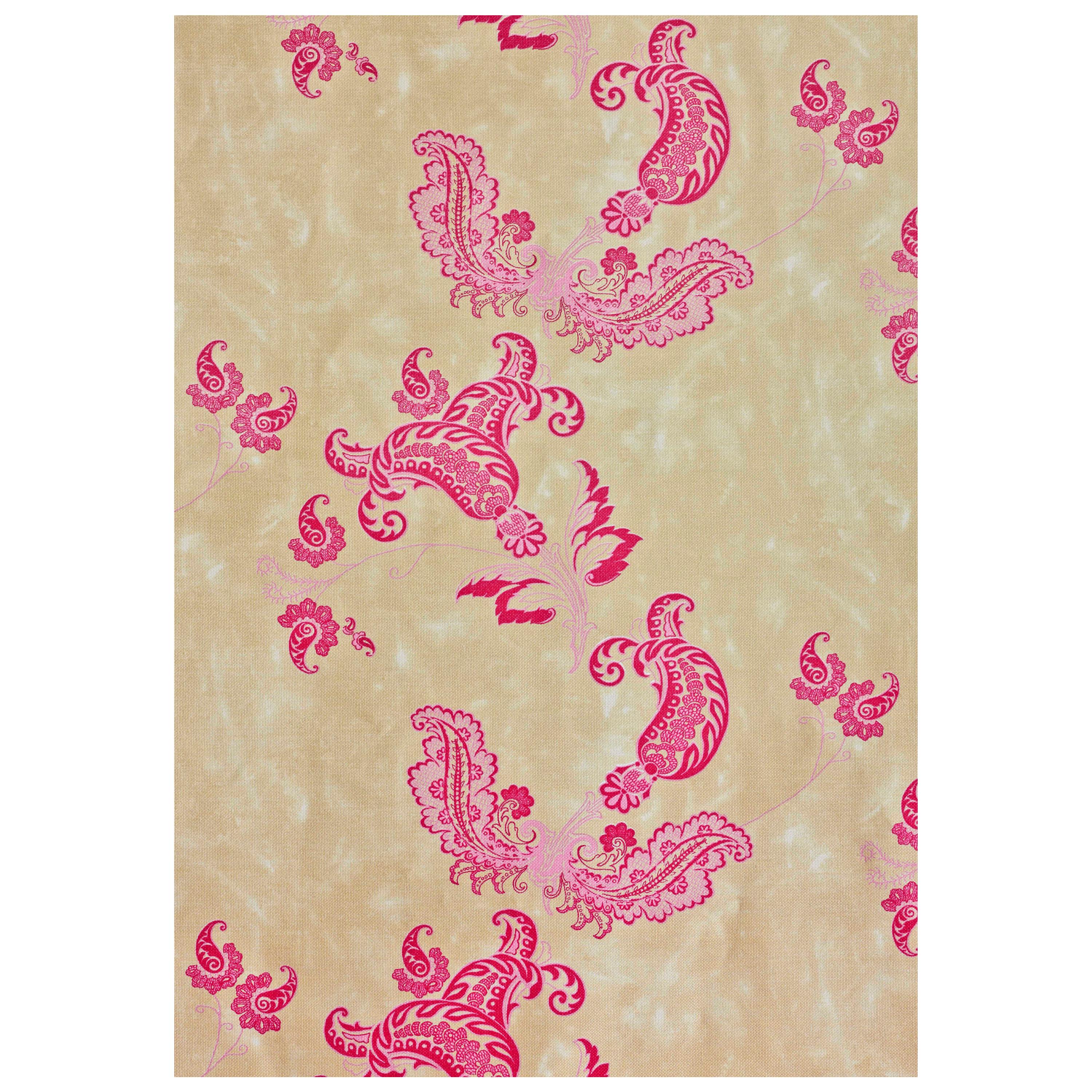 'Paisley' Contemporary, Traditional Fabric in Hot Pink on Tea Stain For Sale