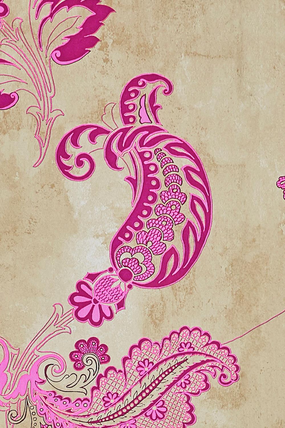 Paper 'Paisley' Contemporary, Traditional Wallpaper in Hot Pink on Tea Stain For Sale