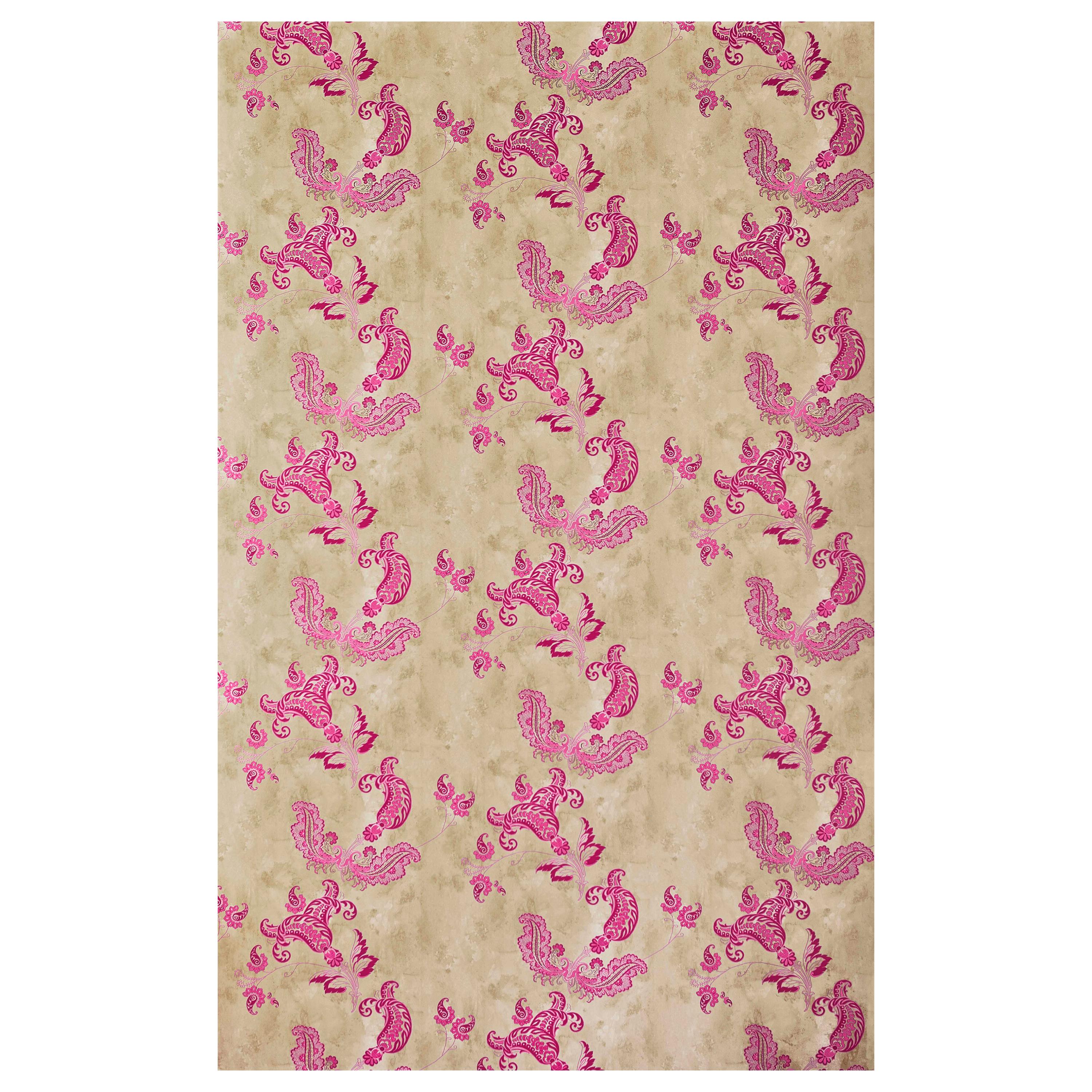 'Paisley' Contemporary, Traditional Wallpaper in Hot Pink on Tea Stain For Sale