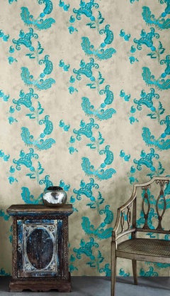 'Paisley' Contemporary, Traditional Wallpaper in Turquoise on Old Grey