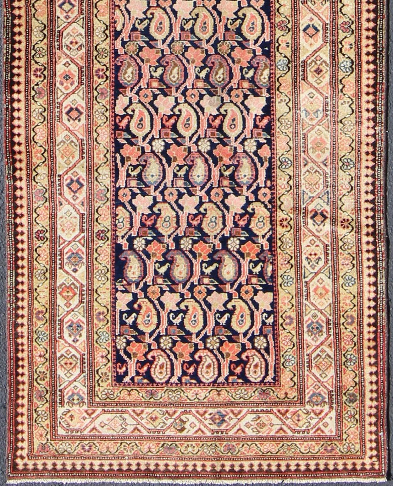 Onyx, Nude, and Peach Malayer runner antique from Persia with all-over paisley motifs, rug ema-7519, country of origin / type: Iran / Malayer, circa 1910

This antique Persian Malayer runner, circa early 20th century, relies heavily on exquisite