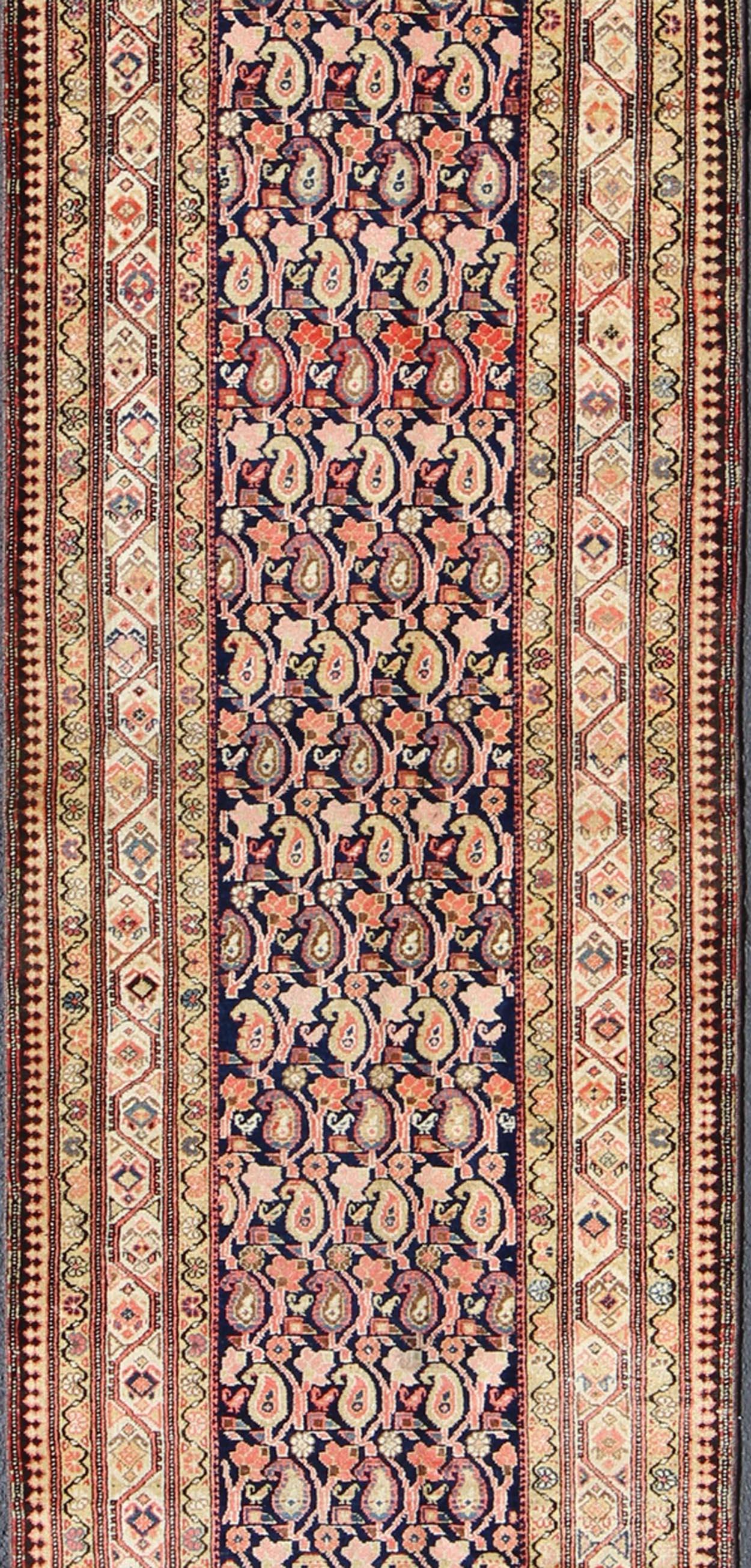 Hand-Knotted Paisley Design Antique Persian Malayer Runner in Dark and Light Tones For Sale