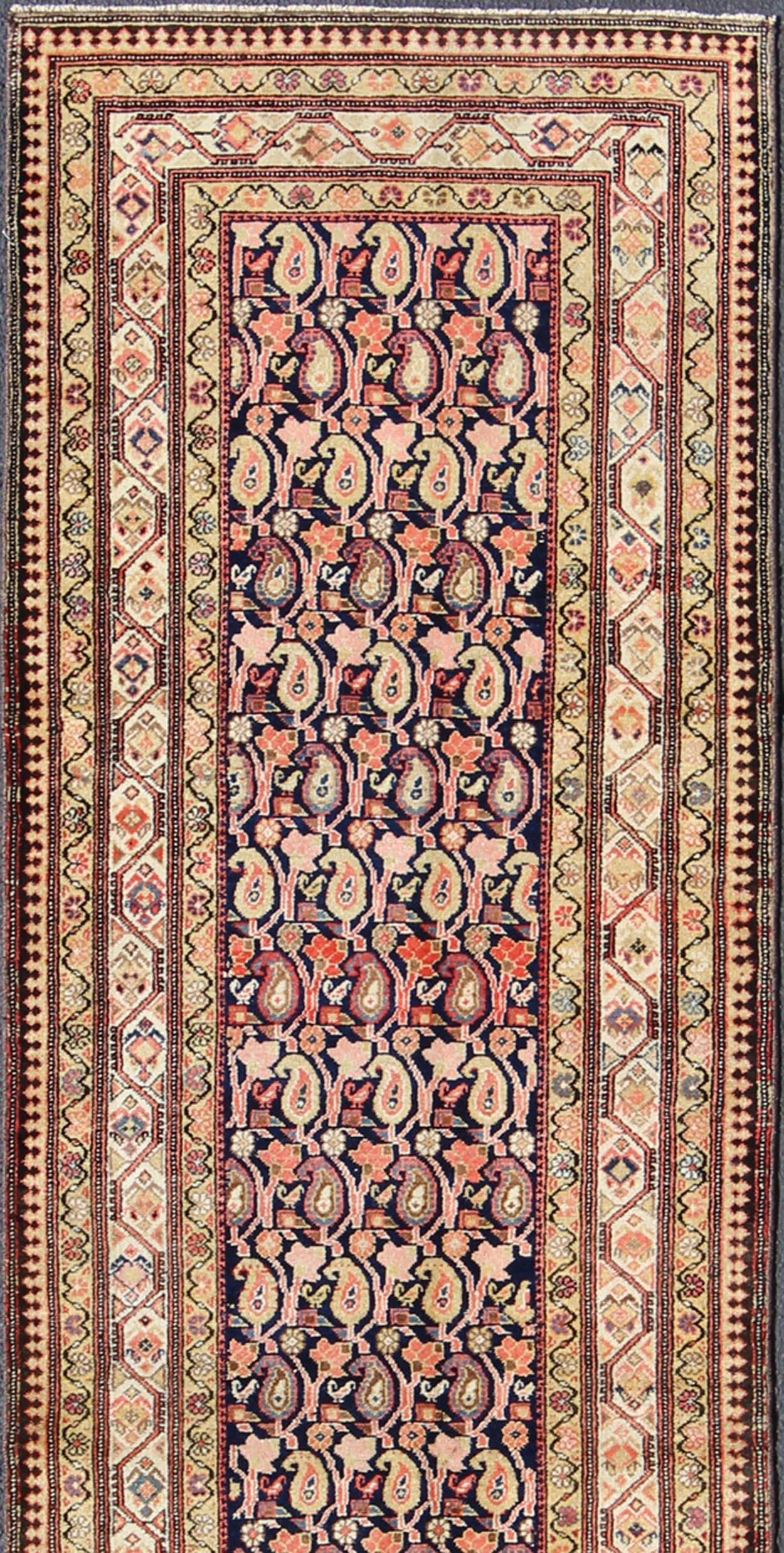 Paisley Design Antique Persian Malayer Runner in Dark and Light Tones In Excellent Condition For Sale In Atlanta, GA