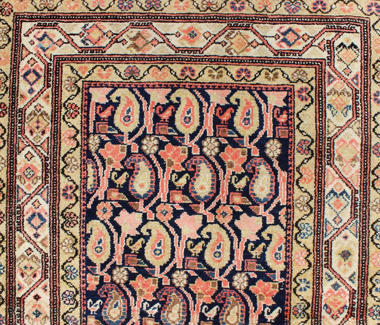 Wool Paisley Design Antique Persian Malayer Runner in Dark and Light Tones For Sale