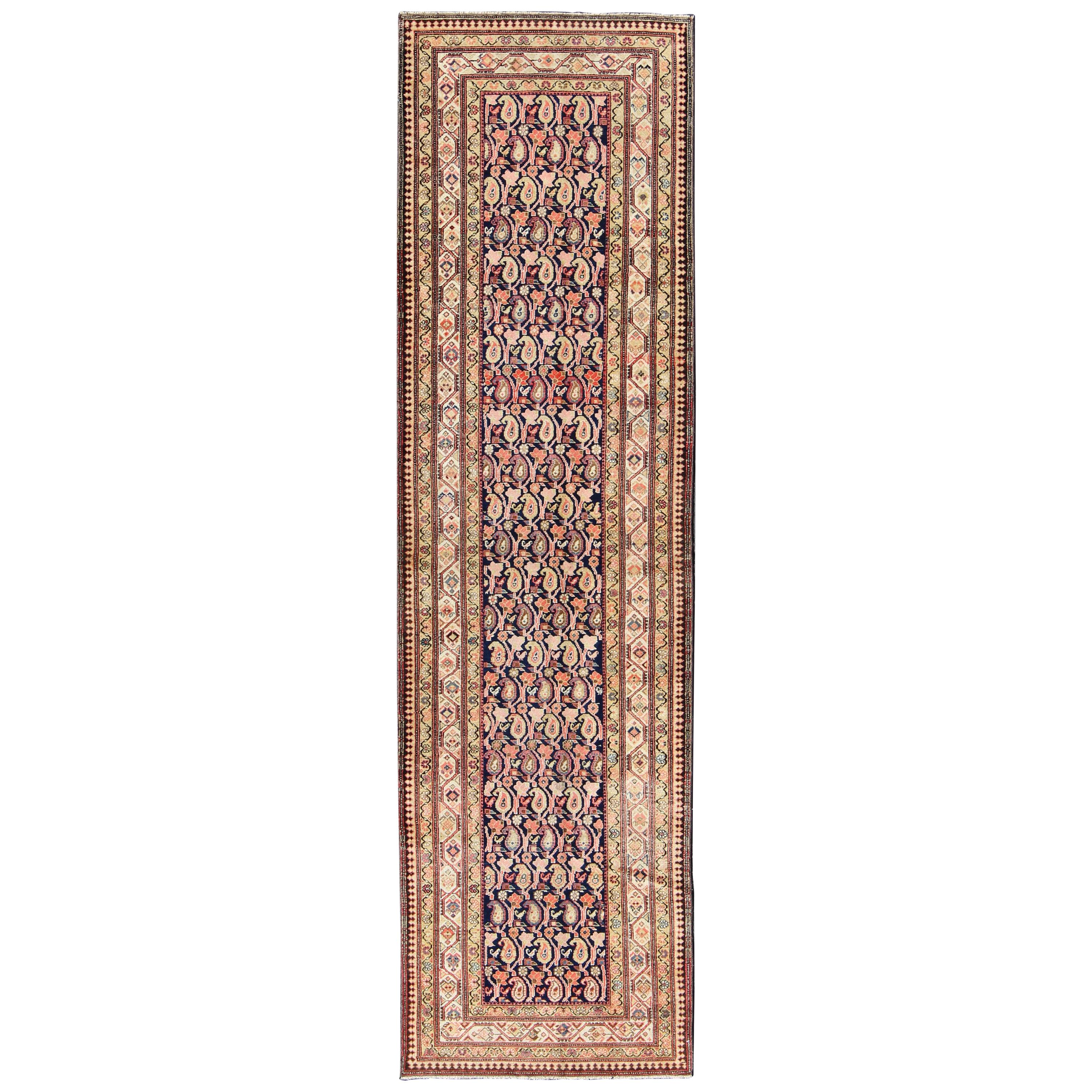 Paisley Design Antique Persian Malayer Runner in Dark and Light Tones For Sale