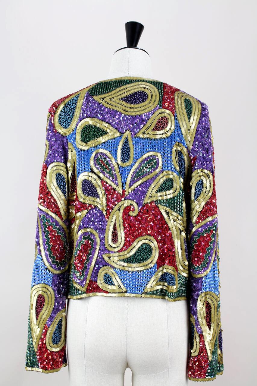 Gray Paisley Design Multi Color Sequin and Bead Silk Evening Jacket, 1990s