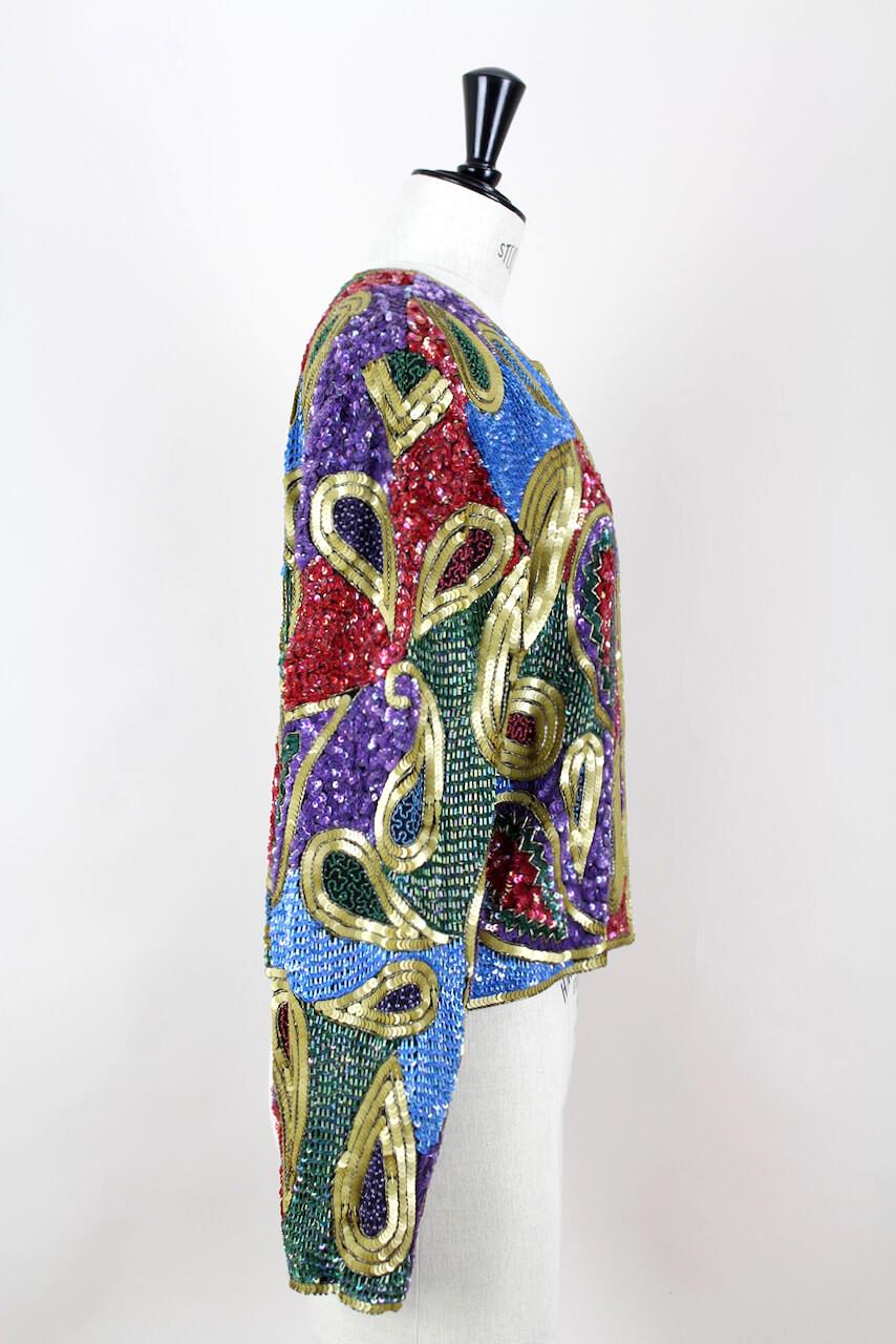 Paisley Design Multi Color Sequin and Bead Silk Evening Jacket, 1990s In Excellent Condition In Munich, DE