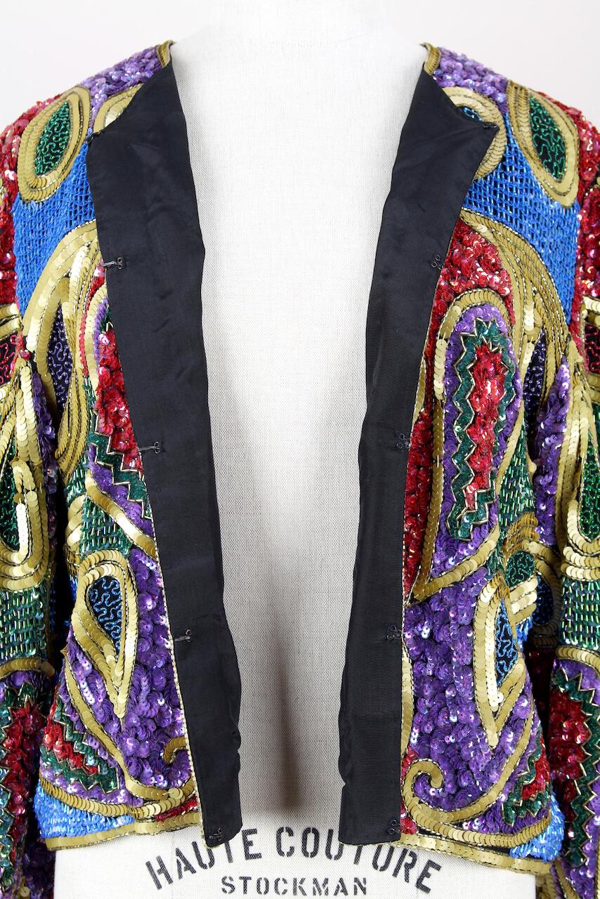 Women's Paisley Design Multi Color Sequin and Bead Silk Evening Jacket, 1990s