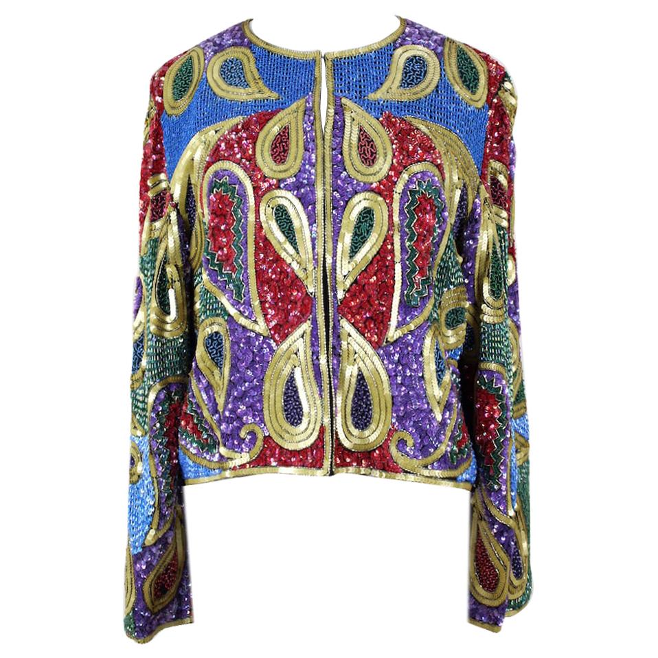 Paisley Design Multi Color Sequin and Bead Silk Evening Jacket, 1990s