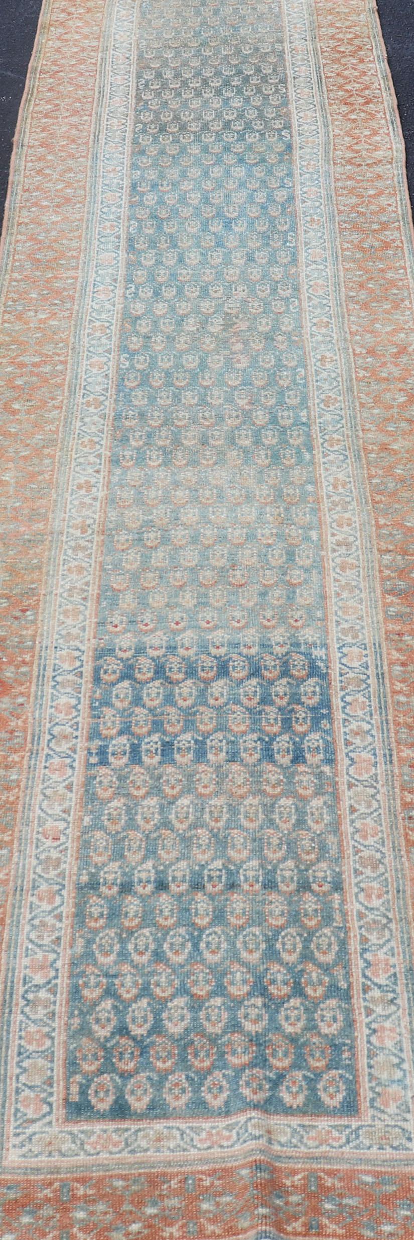 Paisley Field Antique Persian Kurdish Runner in Soft Teal Colors & Orange For Sale 3