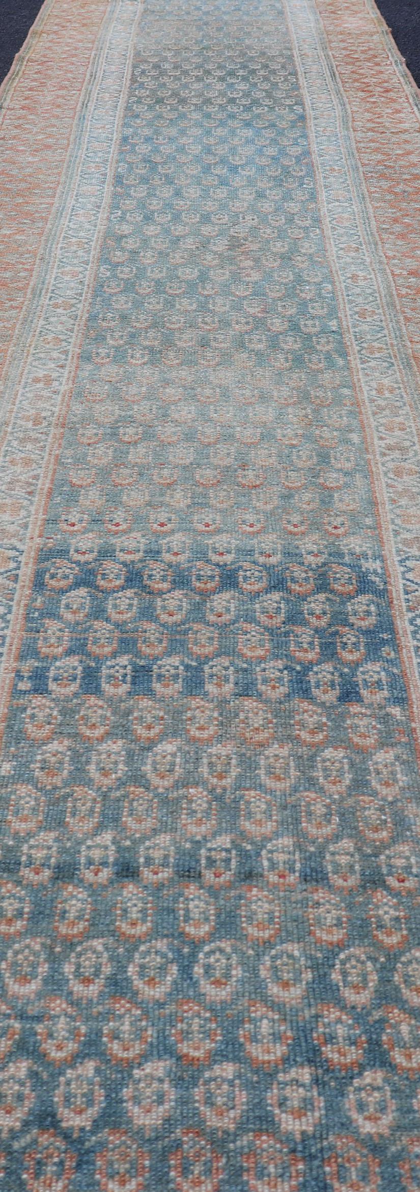 Paisley Field Antique Persian Kurdish Runner in Soft Teal Colors & Orange For Sale 4