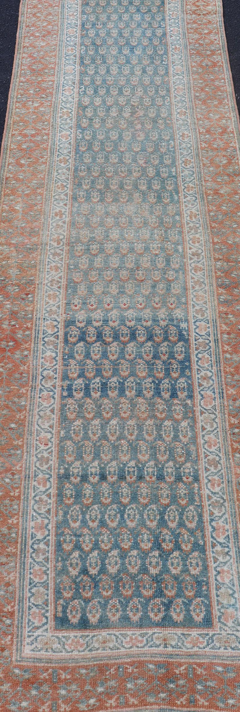 Paisley Field Antique Persian Kurdish Runner in Soft Teal Colors & Orange For Sale 5