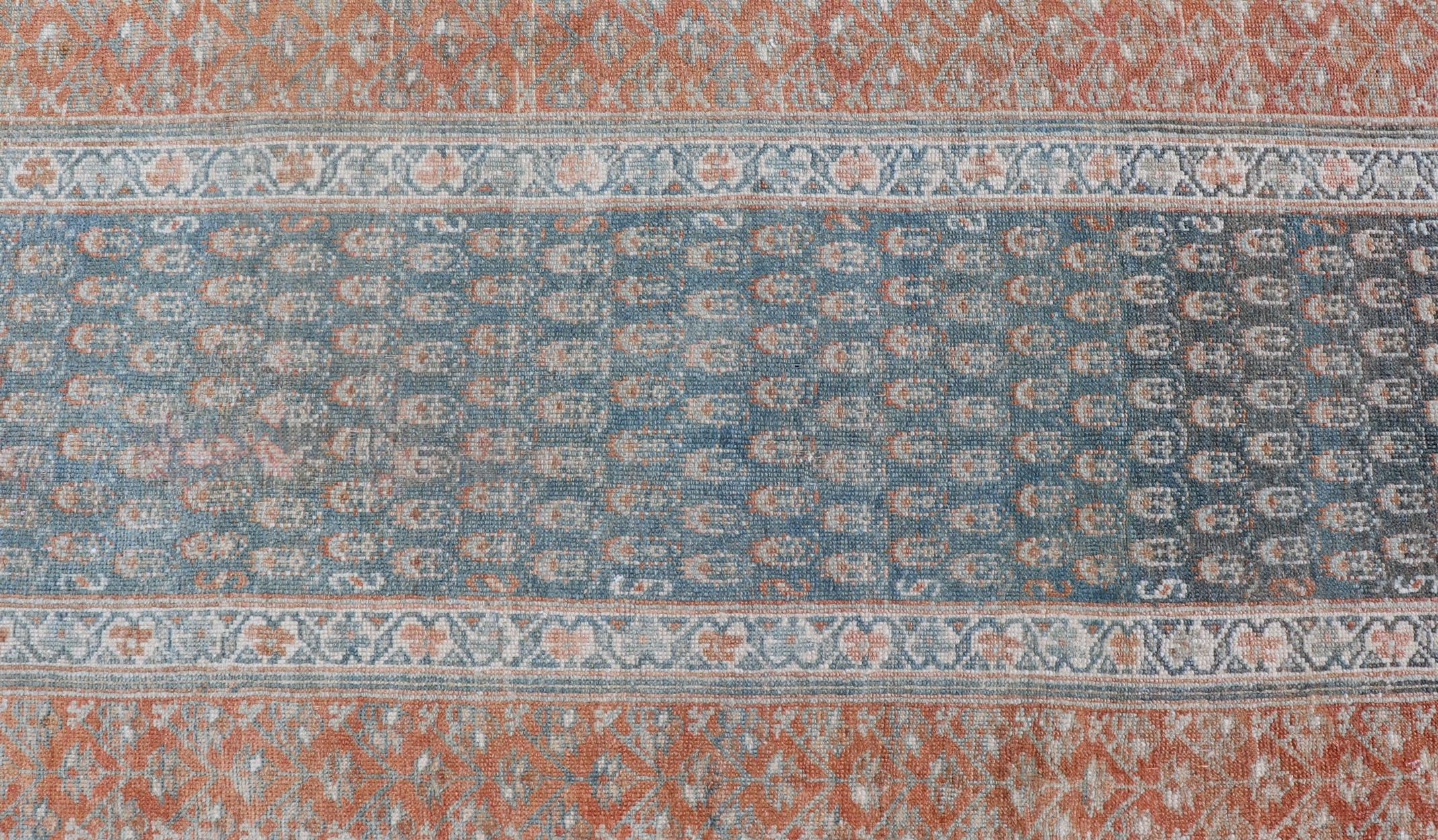 Malayer Paisley Field Antique Persian Kurdish Runner in Soft Teal Colors & Orange For Sale