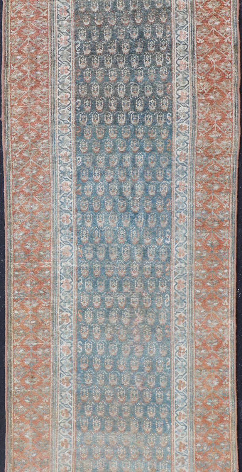 20th Century Paisley Field Antique Persian Kurdish Runner in Soft Teal Colors & Orange For Sale
