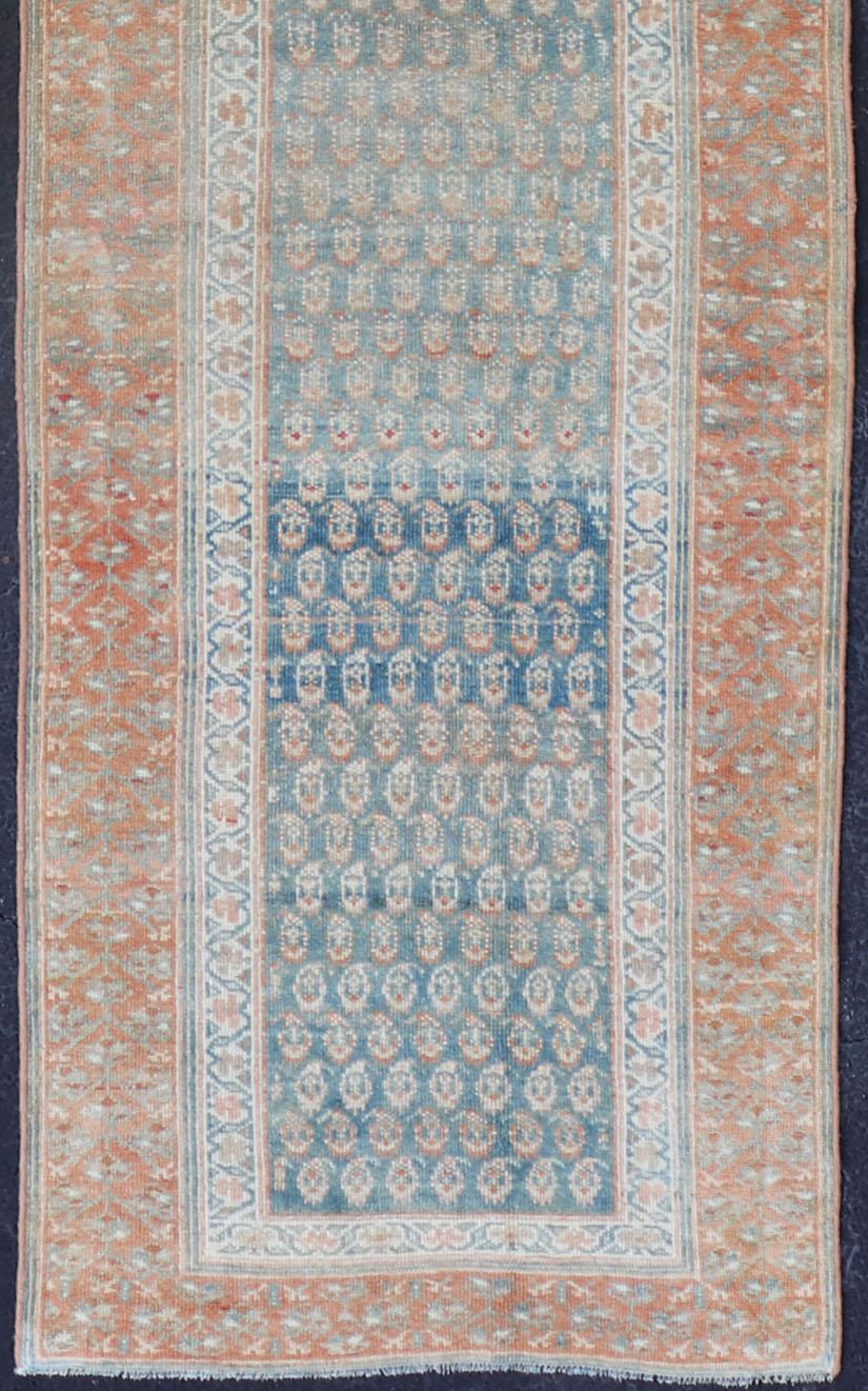 Wool Paisley Field Antique Persian Kurdish Runner in Soft Teal Colors & Orange For Sale