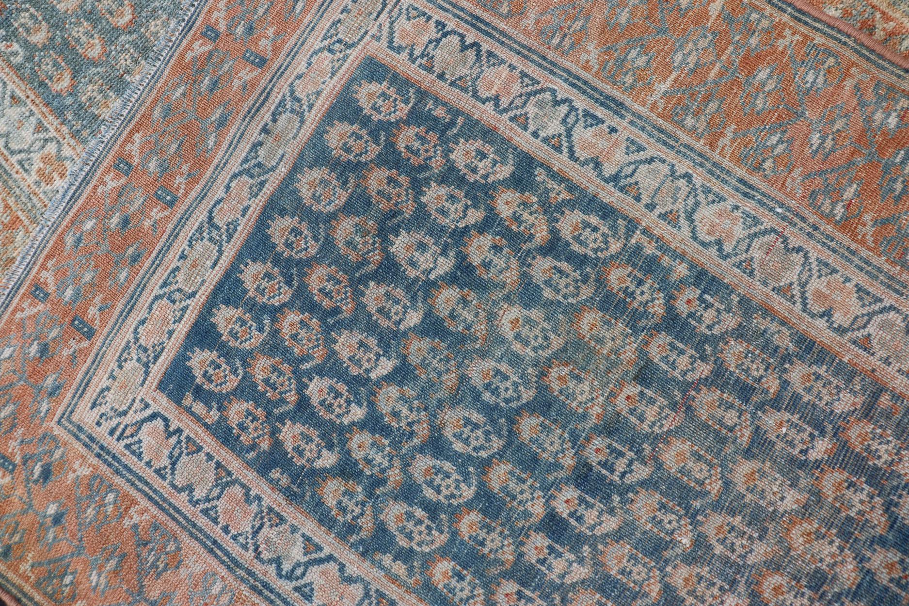 Paisley Field Antique Persian Kurdish Runner in Soft Teal Colors & Orange For Sale 1