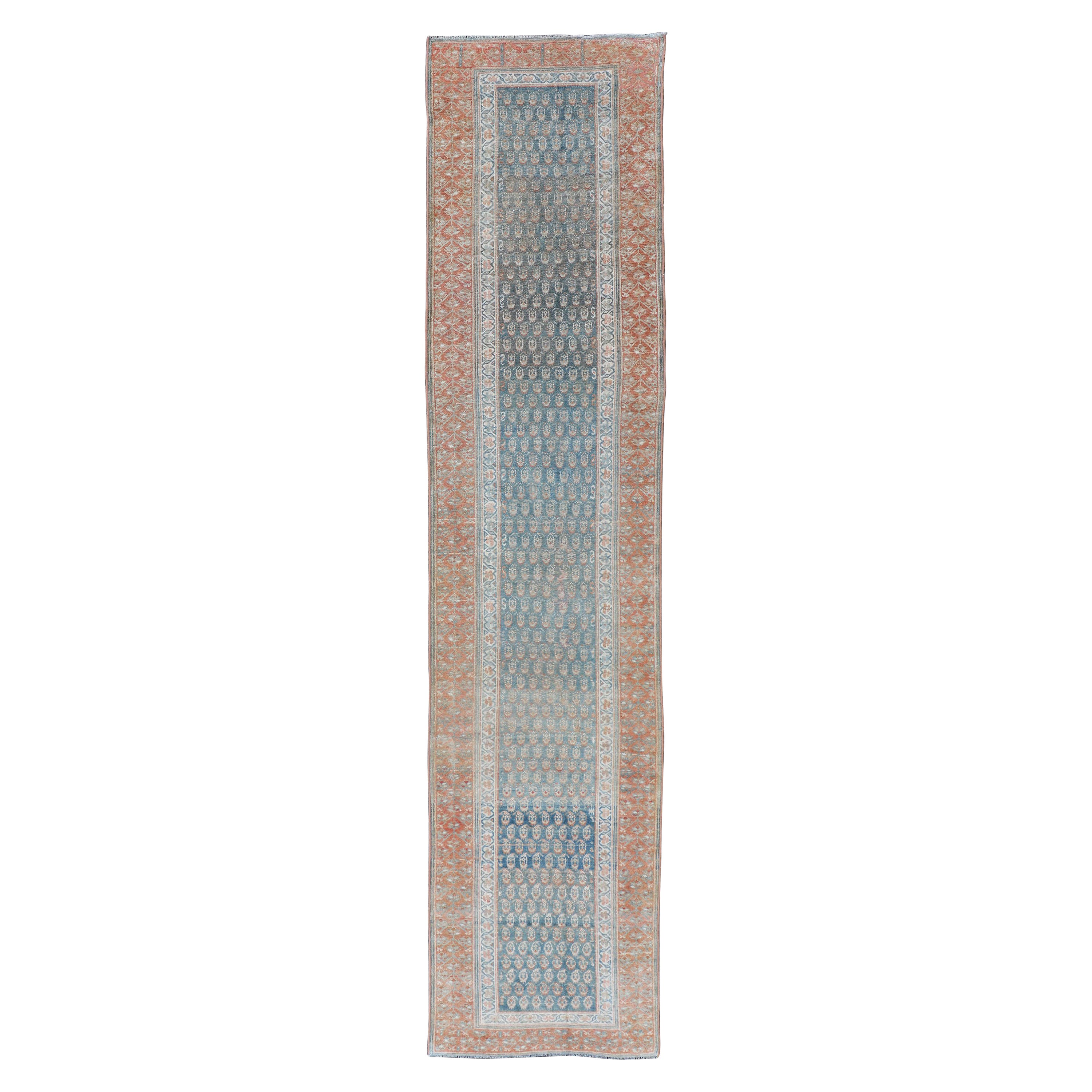 Antiker persischer kurdischer Paisley-Läufer in weichen Teal-Farben und Orange im Angebot