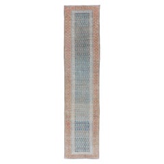 Paisley Field Antique Persian Kurdish Runner in Soft Teal Colors & Orange