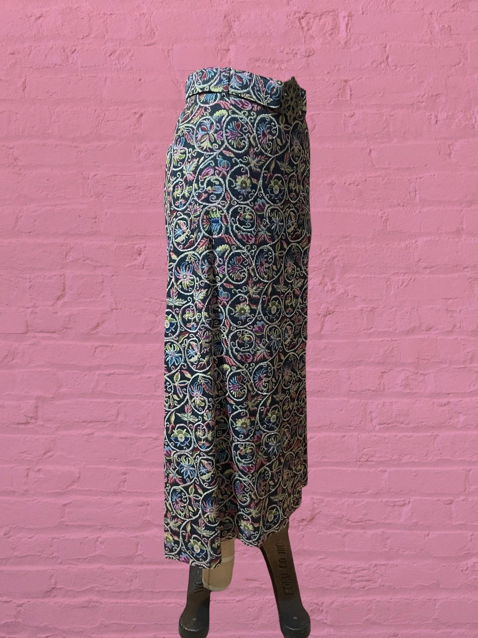 Black Paisley Floral Tapestry Maxi Skirt, Circa 1970s For Sale
