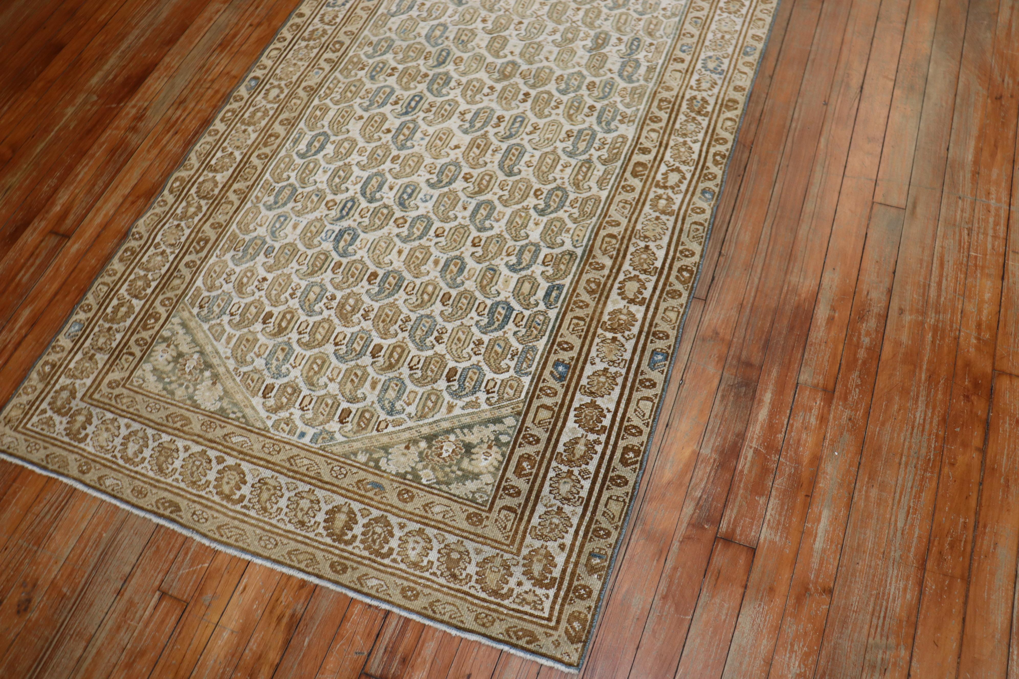 American Classical Paisley Malayer Rug in Clear White Blue Brown Hues For Sale