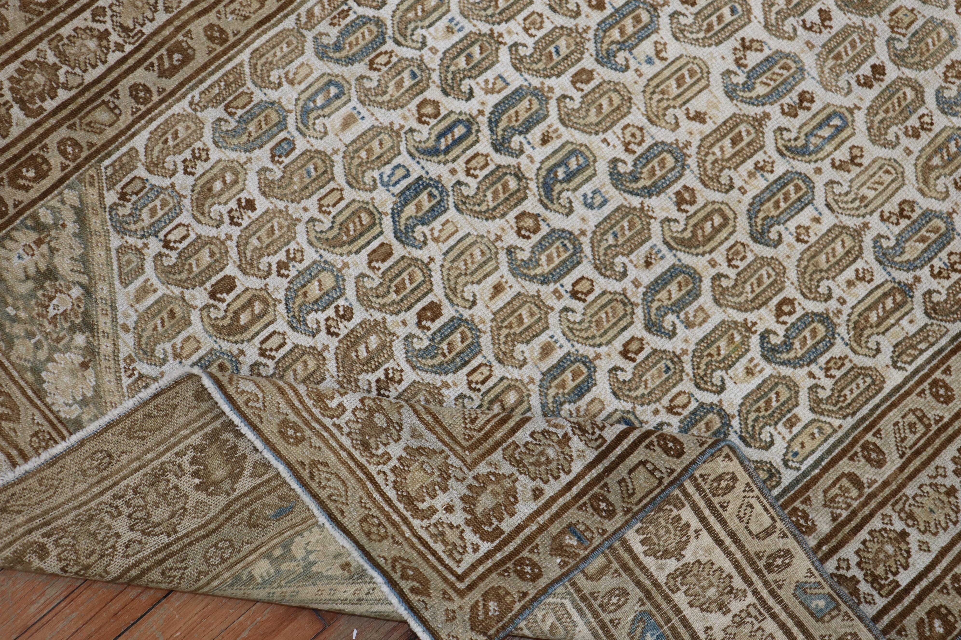Hand-Knotted Paisley Malayer Rug in Clear White Blue Brown Hues For Sale